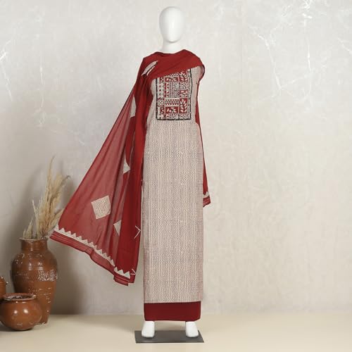 Biba Women Rust Cotton Hand Block Print Unstitched Suit Set_FREE SIZE