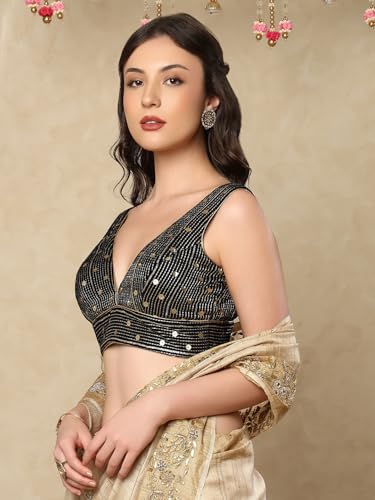 S SALWAR STUDIO Navy Blue Velvet Sleeveless Readymade Saree Blouse