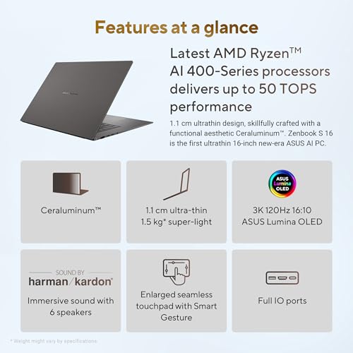 ASUS Zenbook S 16 (2026), AMD Ryzen AI 9 465, AMD Radeon iGPU, 32GB RAM, 1TB SSD, OLED, 16", (40 cm), Windows 11, M365 Basic(1 Year)* Office 2024, Antrim Gray, 1.50 kg, UM5606GA-SR248WS,Co-Pilot+ PC