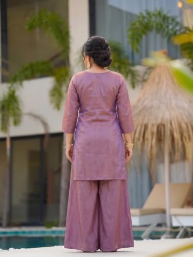 VARNI FABRICS: A lady's First Love Women's Purple Silk Blend Embroidered Straight Kurta Set With Palazzo And Dupatta