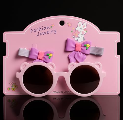 Tresneria Kids Fashion Sunglasses and Hair Bow Clip Set | Cute Pink Bear Frame Glasses with Lavender Butterfly Bow Clips Pack of 2