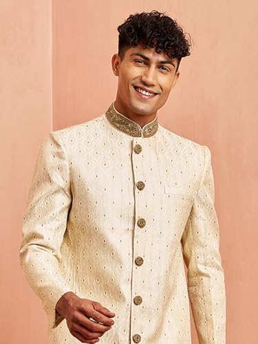 VASTRAMAY Men Cream Silk Sherwani - Maroon Motif Mandarin Collar Cutdana Work Wedding