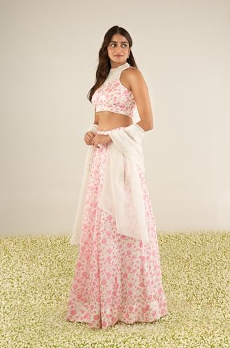 essaySumedha Agrawal Organza Satin Organza Santoon Lehenga Set for Women (Size: XL, White & Pink)