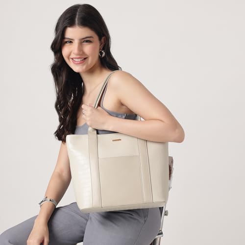 Fastrack Croco Crush Tote | White Faux-Leather Women's Handbag | Textured Croco Design with Gold Hardware | Double Handles, Zipper Closure & Organised Storage