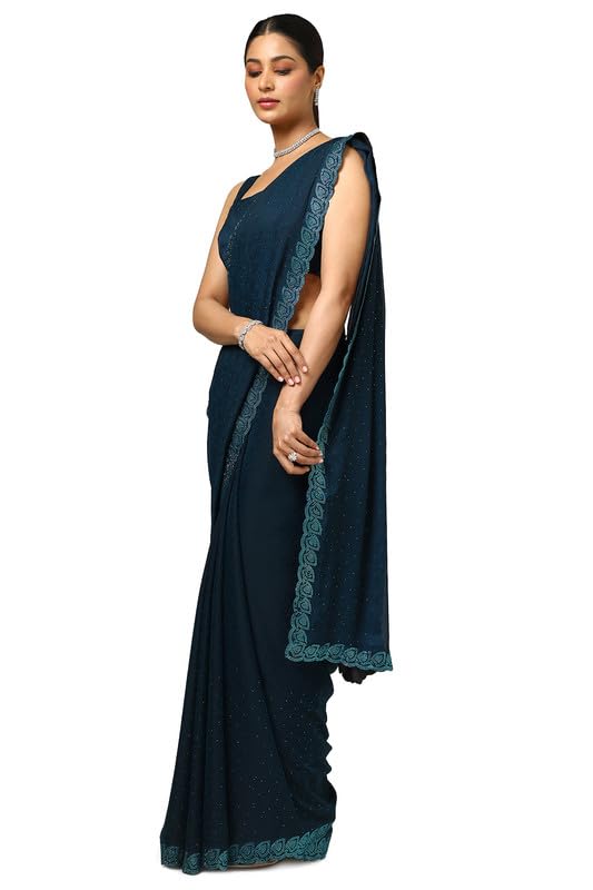 Soch Womens Teal Chiffon Floral Print Saree With Stone Work