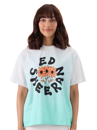 The Souled Store Official Ed Sheeran: Flower Ombre Women and Girl Short Sleeve Round Neck White and Blue Graphic Printed Cotton Oversized T-Shirts