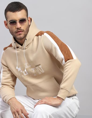 Monte Carlo Men's Regular Fit Solid Pattern Hooded Drawstring Closure Full Sleeve Winter Sweatshirt | Stylish Sweatshirt for Men | Comfortable Casual Winter Wear for Men's Beige XL