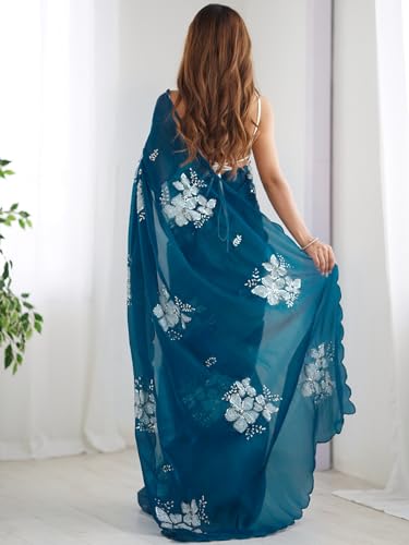 Satrani Women's Shimmer Chiffon Sequins Embroidery Saree with Unstitched Blouse Piece (3997S124NY_Rama Blue)