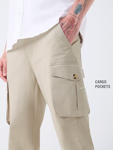 The Souled Store Solids: Beige Men and Boys Solid Cotton Twill Stretchable Utility Casual Streetwear Straight Fit Cargo Pants
