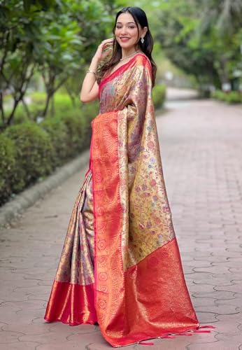 SGF11- Women's Kanjivaram Pure Soft Silk Handloom Saree Pure Golden Zari With Blouse Piece (Cream Pink)