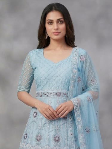 JULEE Women's Net Embroidered Semi-Stitched Gown Kriti Gown Firozi-GEM
