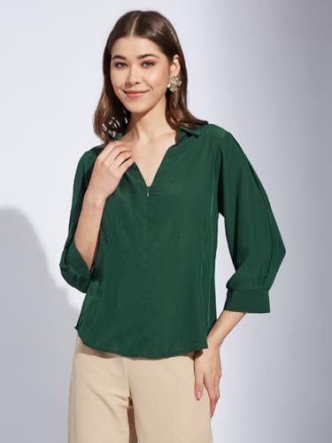 Latin Quarters Women Green Collar Neck 3/4th Sleeve Solid Shirt Blouse_2XL