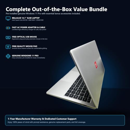 Bellaluz B410 Laptop | 14.1" HD Display | 8GB DDR4 RAM | 256GB Storage| Intel N4100 Quad-Core Processor with UHD 4K Graphics | Windows 11 Pro | 1 + 3 Yr Warranty | Thin & Light Laptop for Office Use