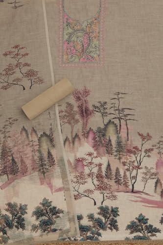 Soch Womens Beige Linen Blend Botanical Print Unstitched Dress Material With Thread Work