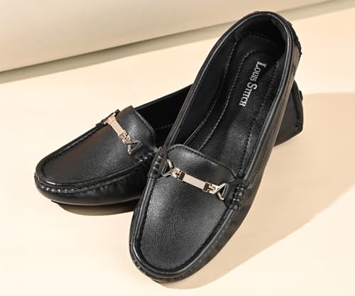 LOUIS STITCH Women’s Black Premium Slip-On Loafers with Buckle | Elegant Solid Slip-On Comfort Shoes for Casual and Formal Wear | Slip-On Loafer Shoes for Women | LSLD-BLR-HS04-JB | UK-5