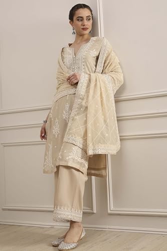 Biba Women Natural White Chanderi Straight Dyed Suit Set_42