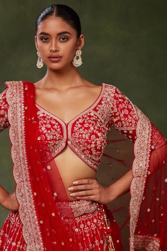 Women's Red Silk Bridal Lehenga with Zari Work