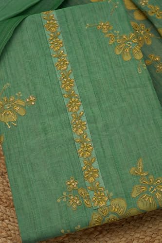 Soch Womens Sap Green Linen Shimmer Embroidered Unstitch Dress Material With Thread Work