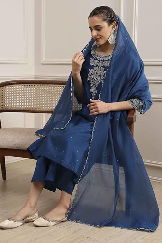 Biba Women's Silk Blend Kurta, Bottom, Dupatta (SKDDBRI30567AW25BLU