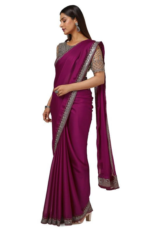 Soch Womens Wine Crepe Embroidered Saree With Sequins