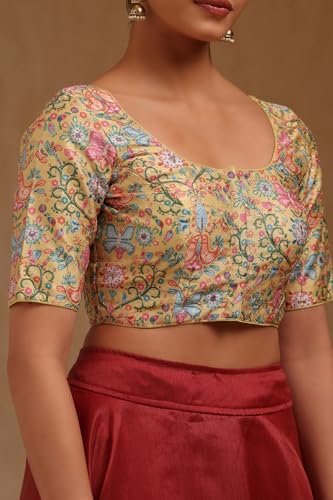 Soch Womens Yellow Art Silk Floral Print Padded Blouse with Zari