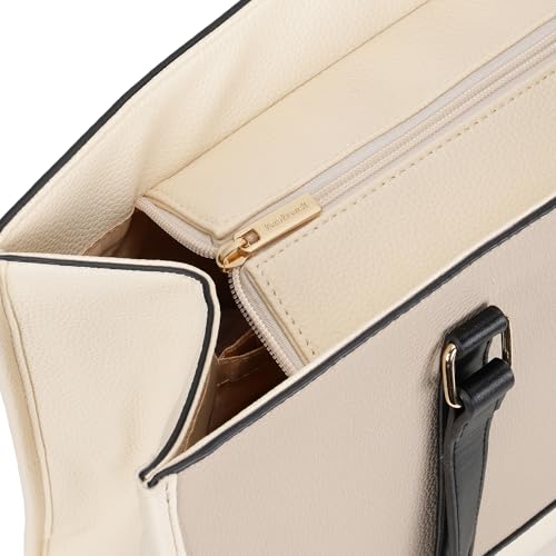 Fastrack Stitchline White Laptop Tote | Faux Leather Work Tote with Black Stitch Accents | 14 Inch Laptop Tote with Three Compartments & Center Zip Pocket | Dual Handles & Organizer Pockets