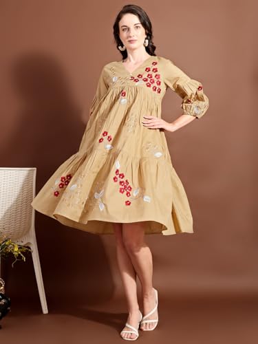 Womanista Women's Beige Cotton with All Over Embroidery V-Neck Tiered Ethnic Dress Knee Length (ETHNICDRESS_106 M)