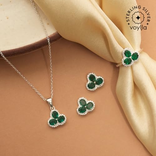 VOYLLA Oval Cut Emeralds Embellished Floral Motif 925 Sterling Silver Box Set For Women|Womens Jewellery Set|Gift For Women|Womens Gift|Gift For Her|