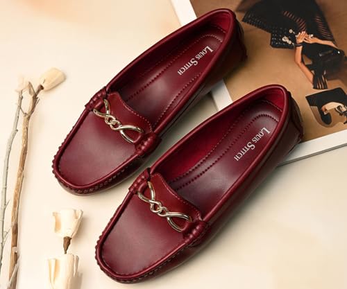 LOUIS STITCH Women's Rosewood Premium Slip-On Loafers with Buckle | Elegant Solid Slip-On Comfort Shoes for Casual and Formal Wear | Slip-On Loafer Shoes for Women | LSLD-BLR-HS02-RW | UK-5 Red