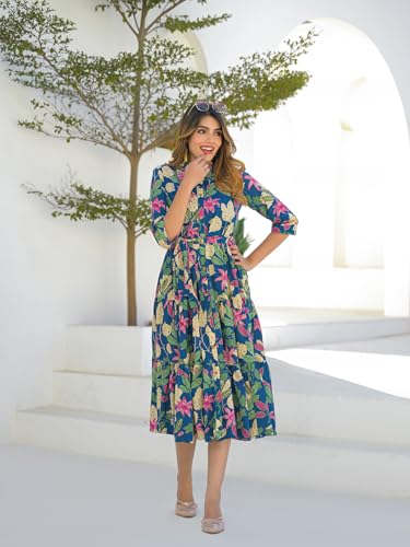 Divena Blue Cotton Shirt Coller Midi Dress