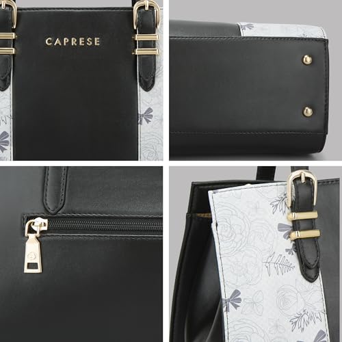 Caprese Scarlet Medium Printed Faux Leather Satchel Bag for Women | Adjustable & Detachable Crossbody Shoulder Strap with Back Zipper Pocket | Multi-Compartment Handbag for Work & Travel (Black)