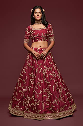 Zeel Clothing Women's Art Silk Semi-Stitched Lehenga Choli with Dupatta (7802-Maroon-Wedding-Bridal-Latest-Choli; Free Size) (Maroon)
