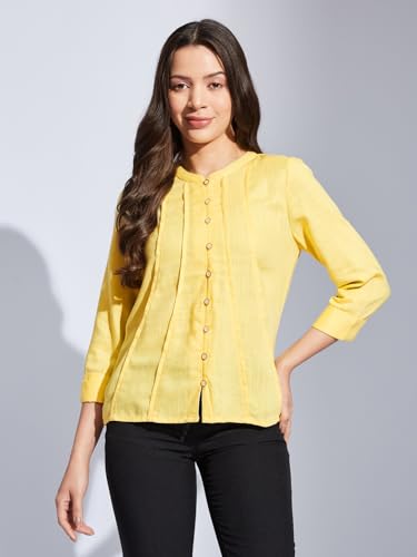 Latin Quarters Women Yellow Mandarin 3/4th Sleeves Solid Shirt Blouse for Casual Wear_L