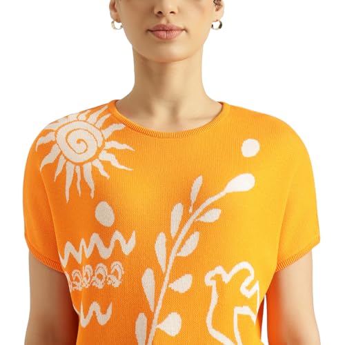 United Colors of Benetton Round Neck Textured Top (Size: M) - 26P1039W1267I0F4 Orange