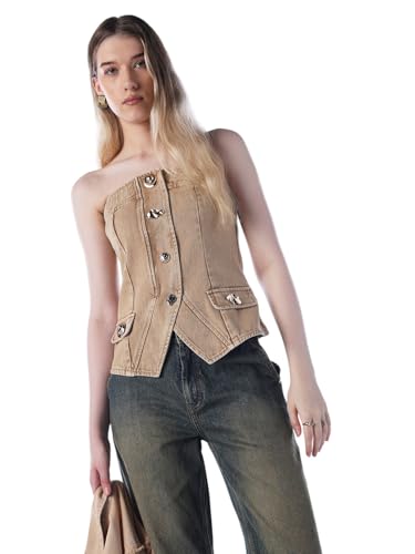 ONLY Women's Solid Slim Fit Brown Waistcoat