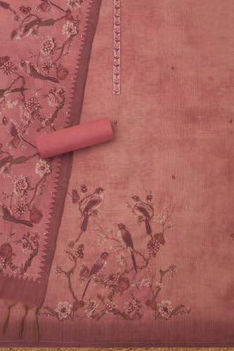 Soch Womens Onion Pink Linen Shimmer Bird Motifs Unstitch Dress Material With Thread Work