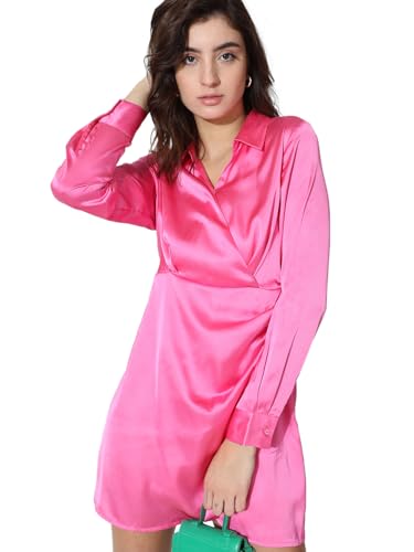 ONLY Women Solid Polyester Above Knee Pink Wrap Dress