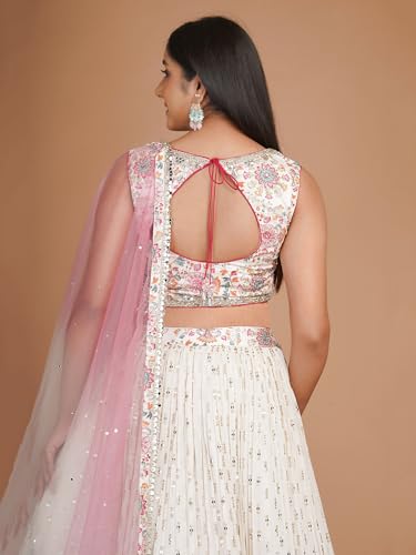 Zeel Clothing Women's Sequins Zari Embroidered Work Georgette Lehenga Choli With Dupatta (7070-White-Women-Lehenga-Choli-Latest; Free size) (White)