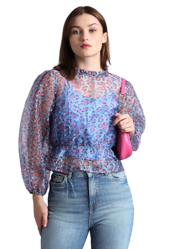 ONLY Women Printed Cotton Blue Peplum Top