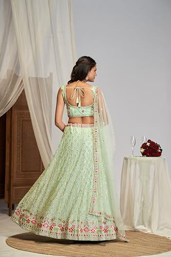 JIHU CULUTURE Pista green thread embroidery georgette Semi-Stitched lehenga choli with dupatta For Women