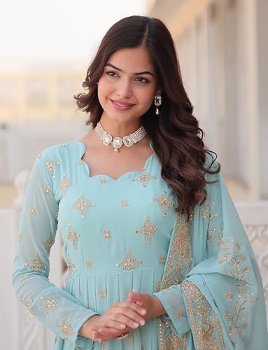 Fashion Basket Havy Georgette Embroidered Anarkali Dress for Women Sky Blue