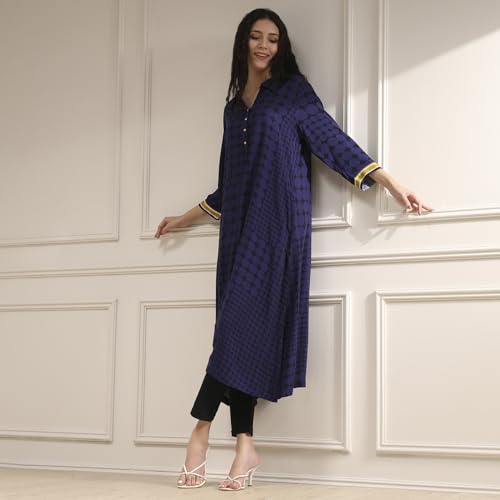 Biba Women's Viscose Printed Straight Kurta (JMWRZ30042AW25IND_Indigo Blue