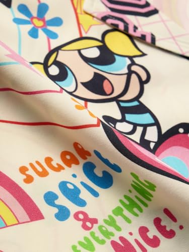The Souled Store Official Powerpuff Girls: Sugar & Spice Women and Girls Short Sleeve Collared Neck Button Front Multicolor All Over Print Regular Fit Rayon Summer Shirts