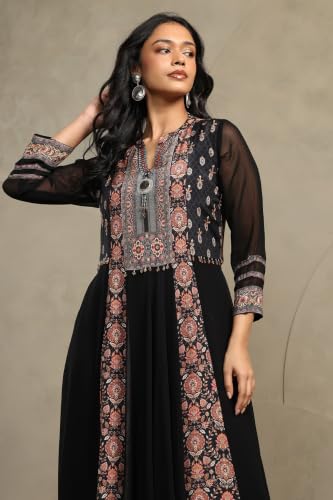 Soch Womens Black Georgette Botanical Printed Dress with Beads and Stones