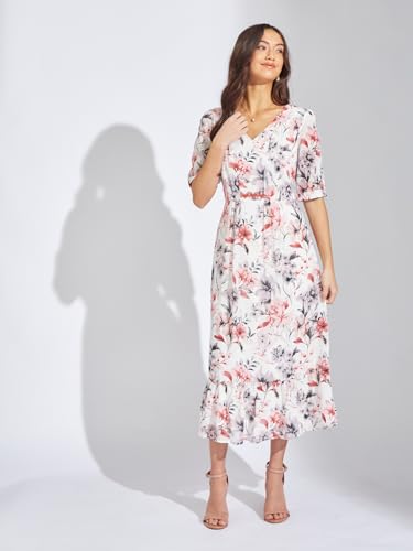 Latin Quarters Women Maroon V-Neck Half Sleeve Printed Midi A-Line Dress Casual for Wear_L