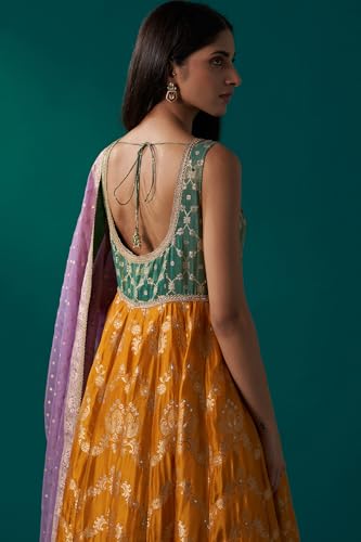 Wishful Women's Yellow and Green Zardozi Embroidered Jacquard Anarkali Kurta with Churidar and Dupatta Set (SP12840-314439-L)