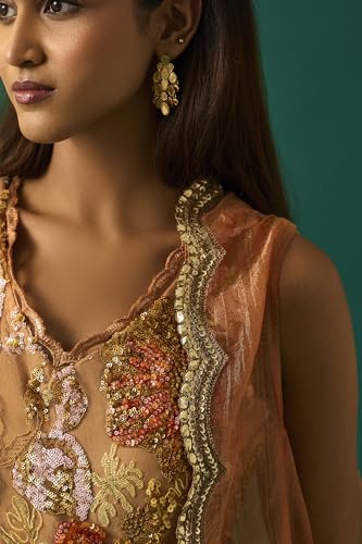 Wishful Women's Orange Embroidered Flared Dress with Churidar and Cape Set - (SP11492-401101-XL)
