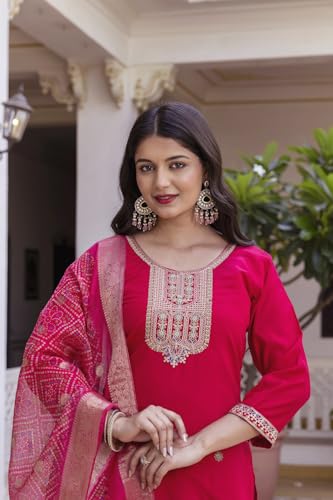 VARNI FABRICS: A lady's First Love Women's Viscose Chanderi Pink Embroidered Kurta Pant With And Bandhani Print Dupatta Set (IN, Alpha, 2XL, Regular)