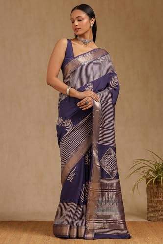 Soch Womens Purple Viscose Block Print Saree