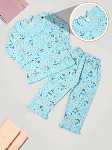 Chiclift Baby Girls Cotton Pajama Set – 2 Pack Printed Sleepwear with Ruffle Trim | Soft Long Sleeve Night Suit for Toddlers (6-7) Years